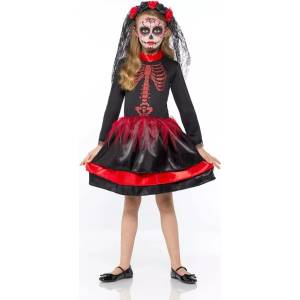 Vestido De Niña Catrina,esqueleto Brillos Y Tiara Con Encaje