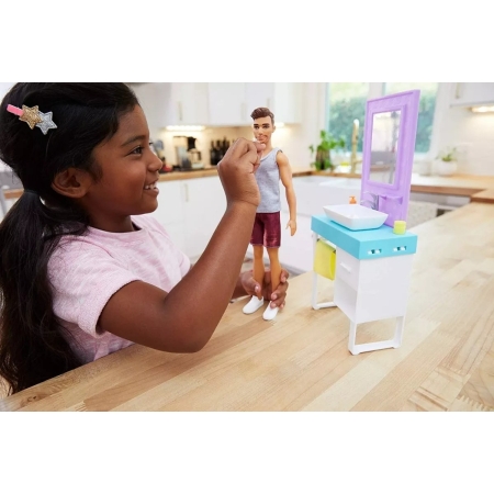 Muñeco Ken Barbie Muebles Baño Afeitar Fyk51 Mundo Kanata - Imagen 3