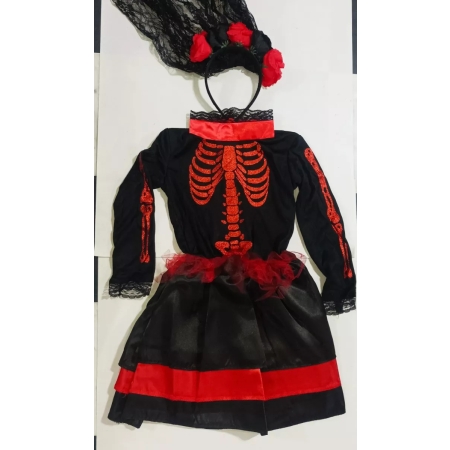 Vestido De Niña Catrina,esqueleto Brillos Y Tiara Con Encaje - Imagen 2