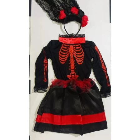 Vestido De Niña Catrina,esqueleto Brillos Y Tiara Con Encaje - Imagen 2
