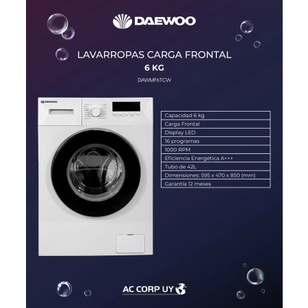 Lavarropas Carga Frontal Daewoo 6kg Dawmf6tcw Blanco - Imagen 2