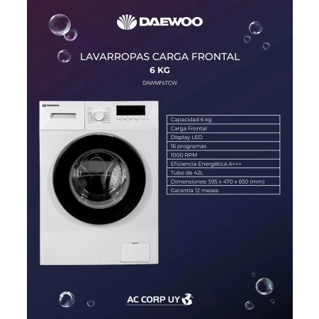 Lavarropas Carga Frontal Daewoo 6kg Dawmf6tcw Blanco - Imagen 2