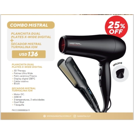 Planchita Dual Plates X-Wide digital + Secador Mistral Turmalina ION